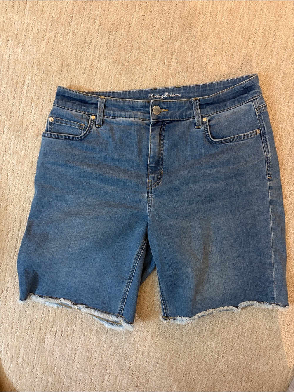 Tommy Bahama Medium Blue Denim Bermuda Shorts with Frayed Hem